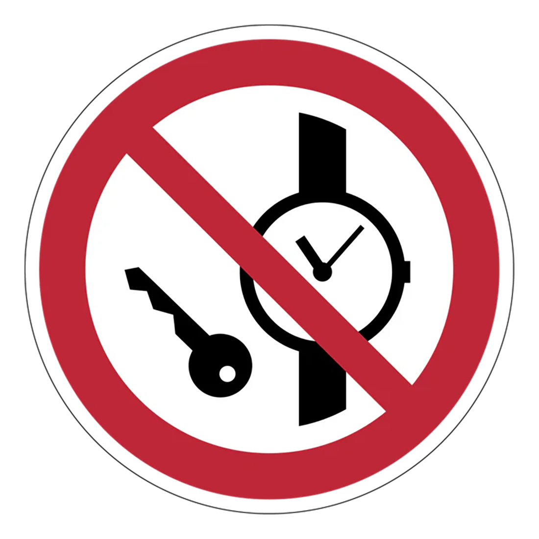 Verbotszeichen Aufkleber - P008 - Mitführen von Metallteilen oder Uhren verboten