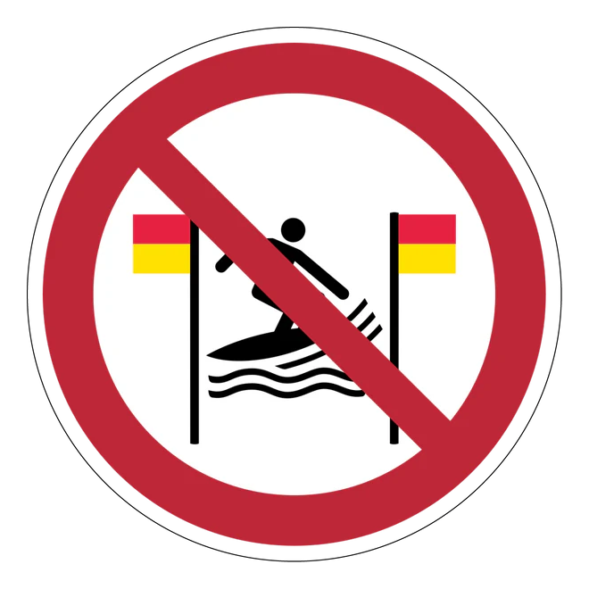 Verbotszeichen Aufkleber - P064 - Surfen zwischen den rot-gelben Flaggen verboten
